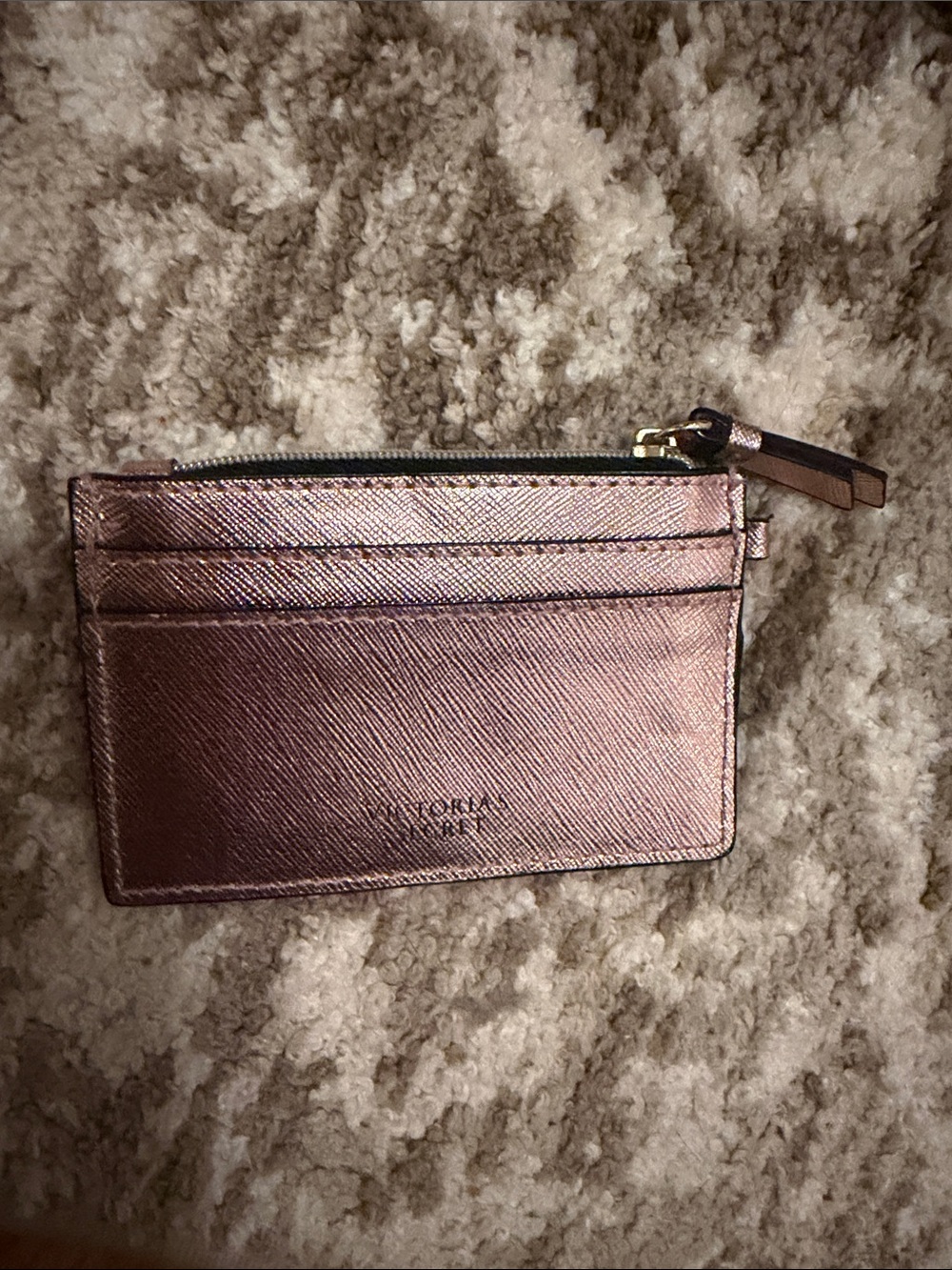 Victoria Secret mini wallet card coin purse rose gold zip slot strap
